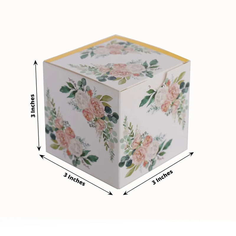 25 Square 3" x 3" Favor Boxes Floral Printed Gift Holders - White
