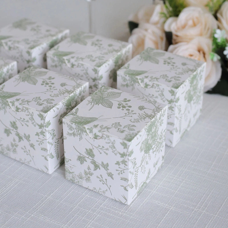 25 Square 3" x 3" Favor Boxes Floral Printed Gift Holders - White