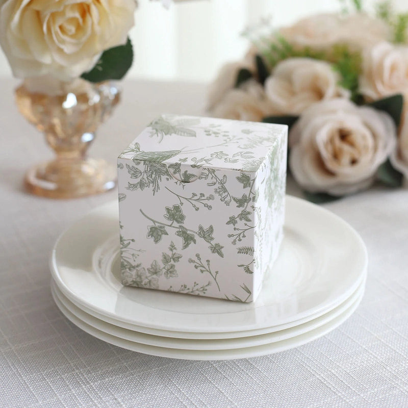 25 Square 3" x 3" Favor Boxes Floral Printed Gift Holders - White