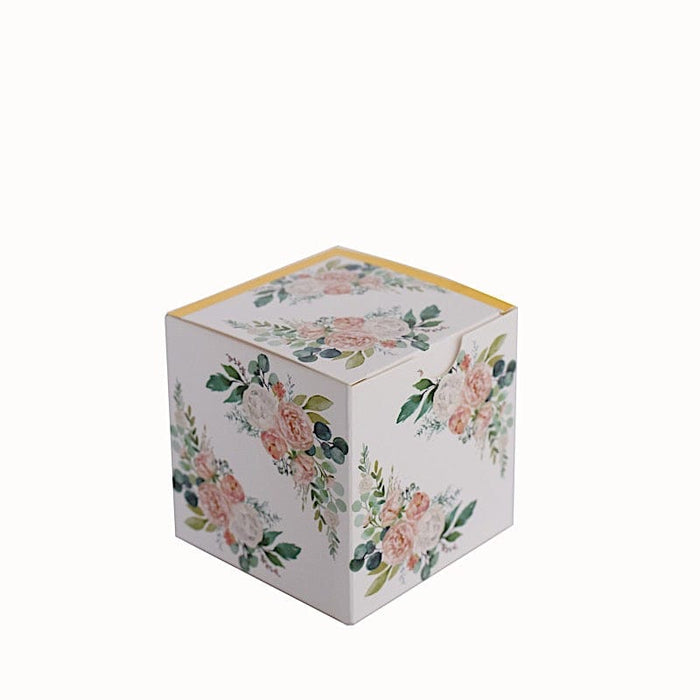 25 Square 3" x 3" Favor Boxes Floral Printed Gift Holders - White BOX_3X3_FLOR01_GOLD