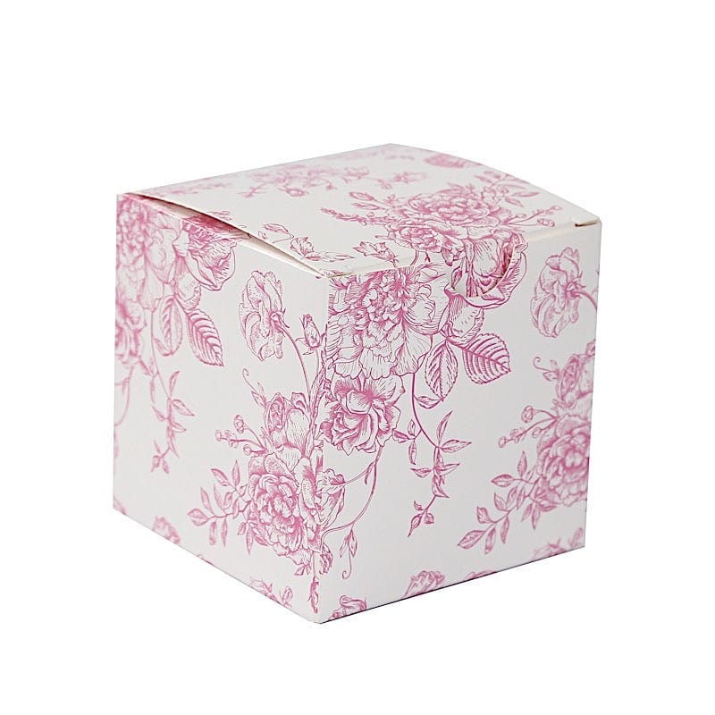 25 Square 3" x 3" Favor Boxes Floral Printed Gift Holders - White BOX_3X3_FLOR23_PINK