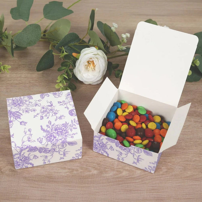 25 Square 4" x 4" Favor Boxes Floral Printed Gift Holders - White