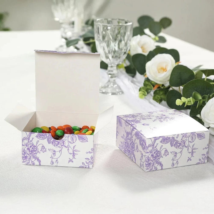25 Square 4" x 4" Favor Boxes Floral Printed Gift Holders - White