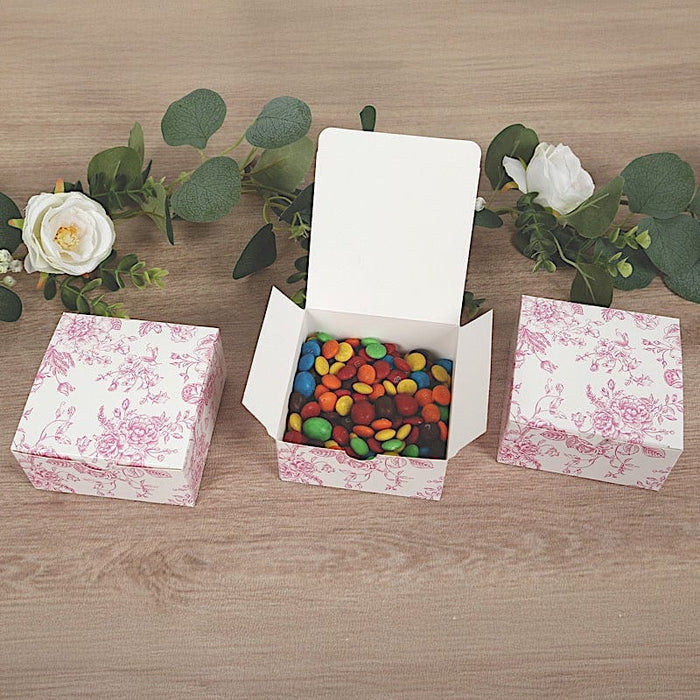25 Square 4" x 4" Favor Boxes Floral Printed Gift Holders - White