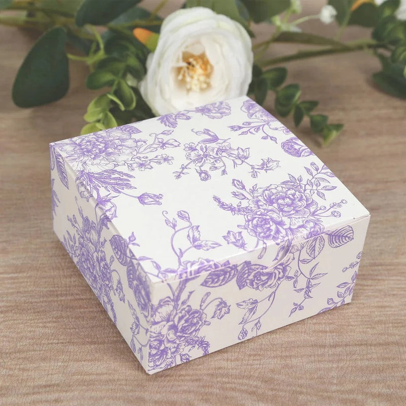 25 Square 4" x 4" Favor Boxes Floral Printed Gift Holders - White