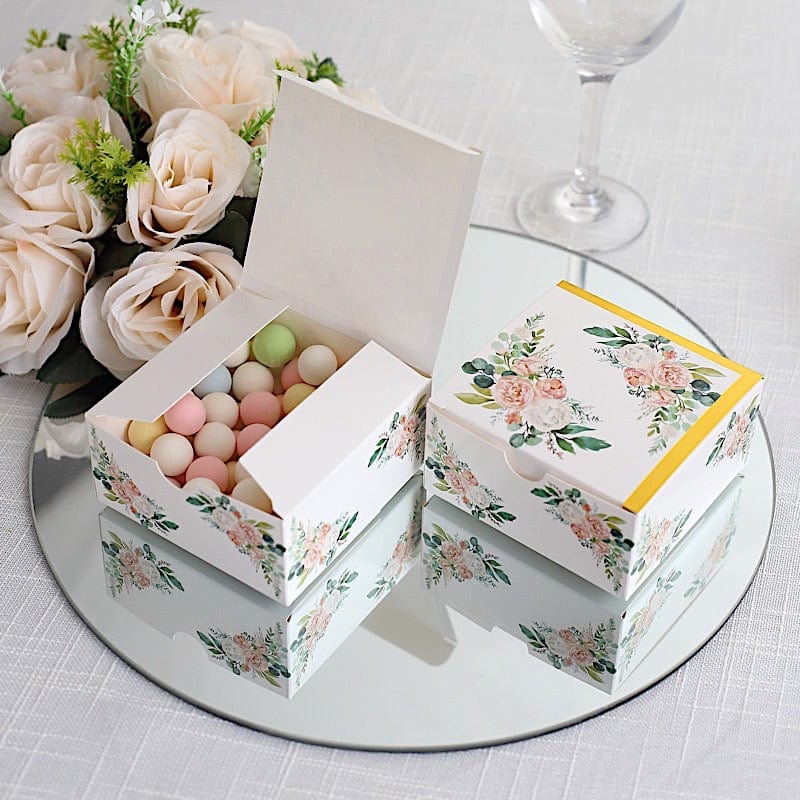 25 Square 4" x 4" Favor Boxes Floral Printed Gift Holders - White