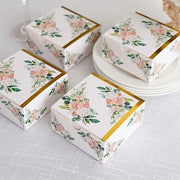 25 Square 4" x 4" Favor Boxes Floral Printed Gift Holders - White