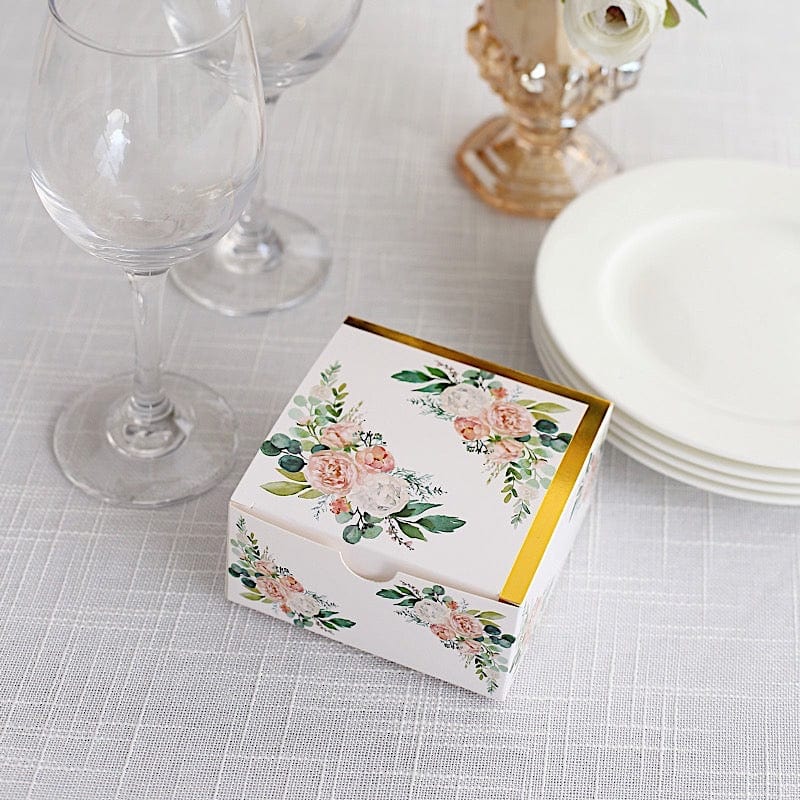 25 Square 4" x 4" Favor Boxes Floral Printed Gift Holders - White