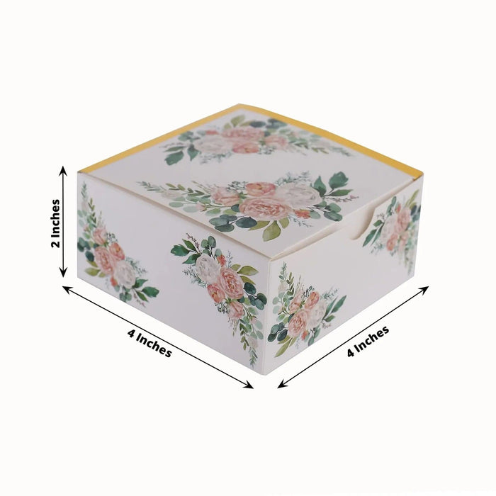25 Square 4" x 4" Favor Boxes Floral Printed Gift Holders - White