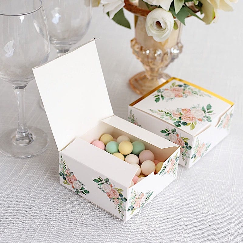 25 Square 4" x 4" Favor Boxes Floral Printed Gift Holders - White