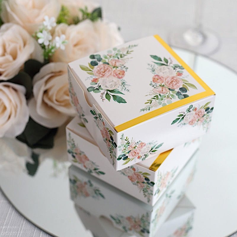 25 Square 4" x 4" Favor Boxes Floral Printed Gift Holders - White