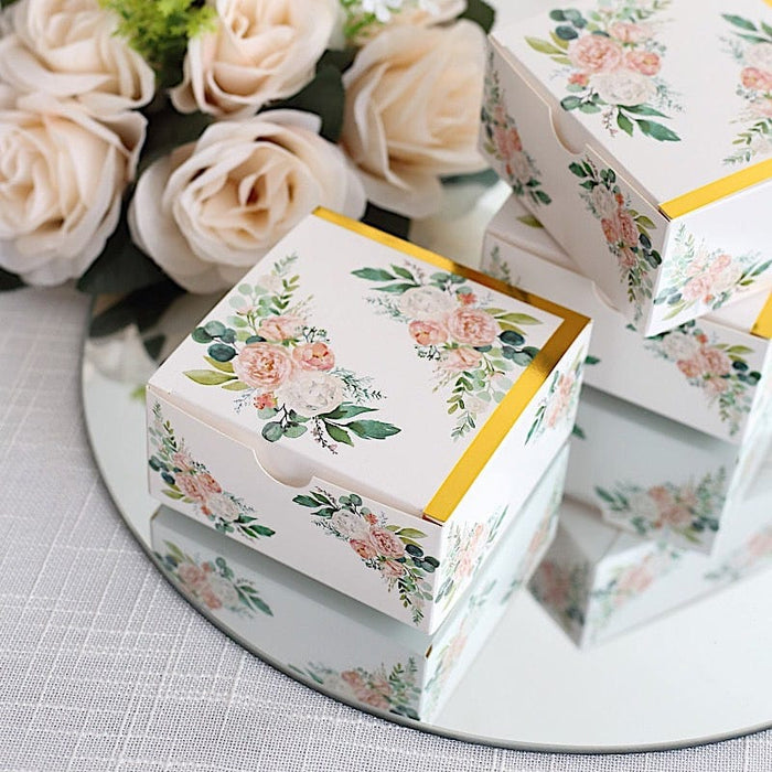 25 Square 4" x 4" Favor Boxes Floral Printed Gift Holders - White