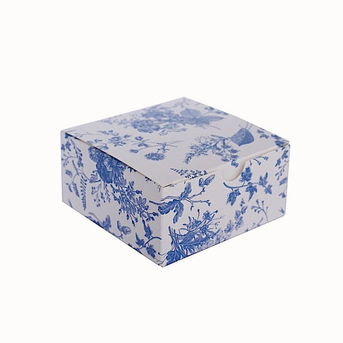 25 Square 4" x 4" Favor Boxes Floral Printed Gift Holders - White BOX_4X4X2_FLOR01_BLUE