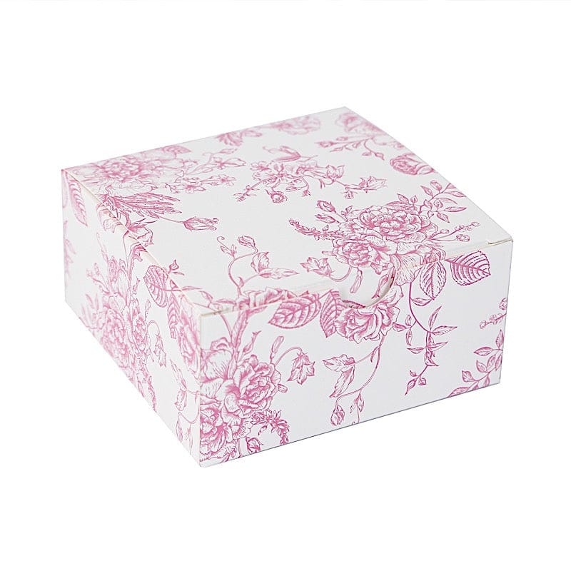 25 Square 4" x 4" Favor Boxes Floral Printed Gift Holders - White BOX_4X4X2_FLOR23_PINK