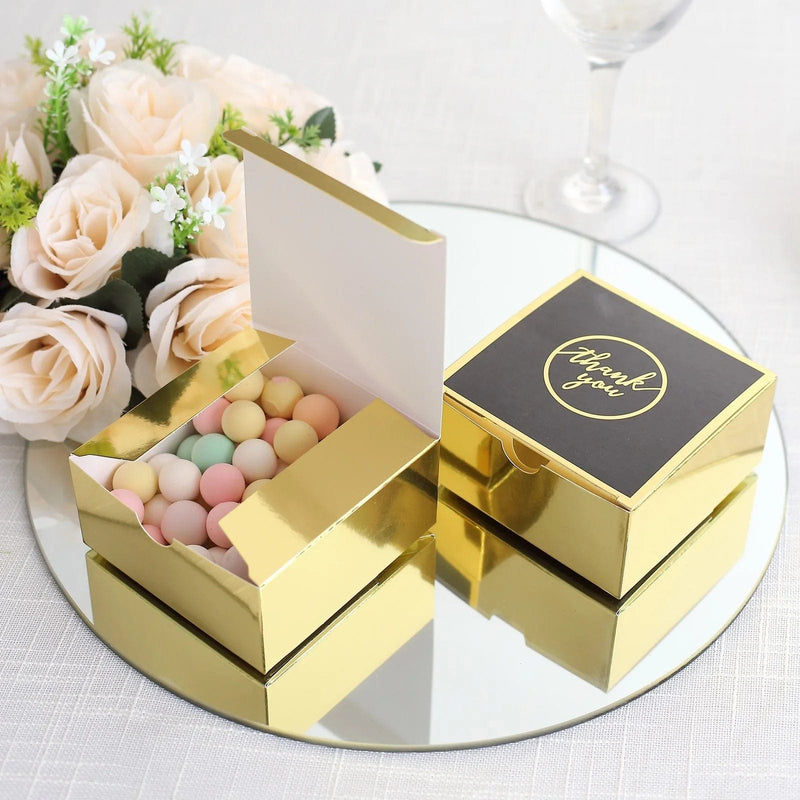 25 Square 4" x 4" x 2" "Thank You" Print Paper Gift Boxes - Black and Gold BOX_4X4X2_GDBK
