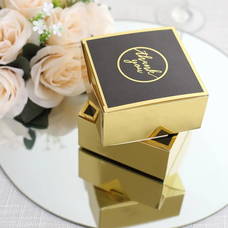 25 Square 4" x 4" x 2" "Thank You" Print Paper Gift Boxes - Black and Gold BOX_4X4X2_GDBK