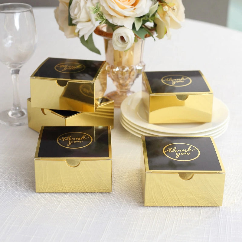 25 Square 4" x 4" x 2" "Thank You" Print Paper Gift Boxes - Black and Gold BOX_4X4X2_GDBK
