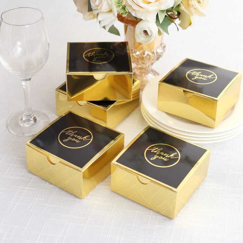 25 Square 4" x 4" x 2" "Thank You" Print Paper Gift Boxes - Black and Gold BOX_4X4X2_GDBK