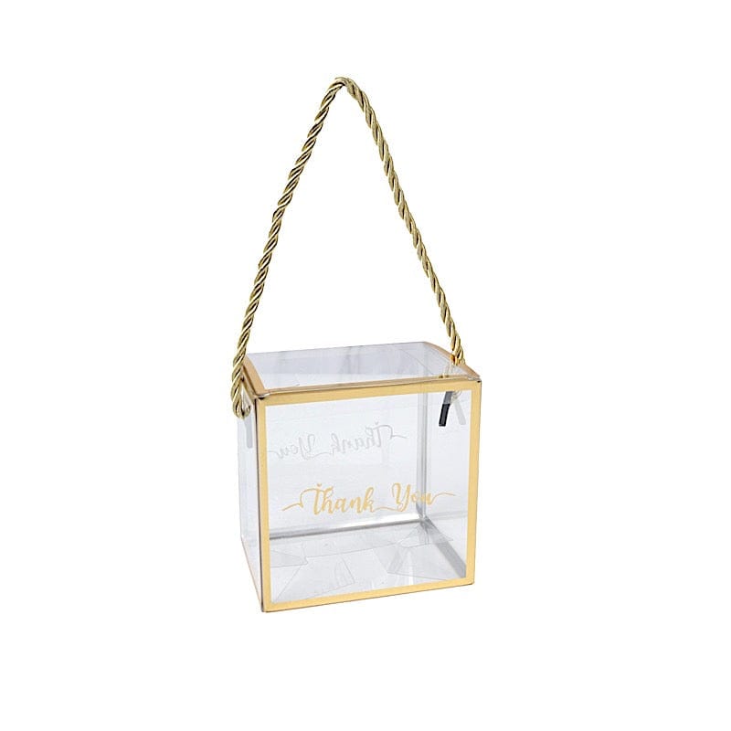 25 Trimmed 4" x 4" PVC Favor Boxes with Rope Handles and Thank You Print - Gold and Clear BAG_PVC06_4X4_CLGD