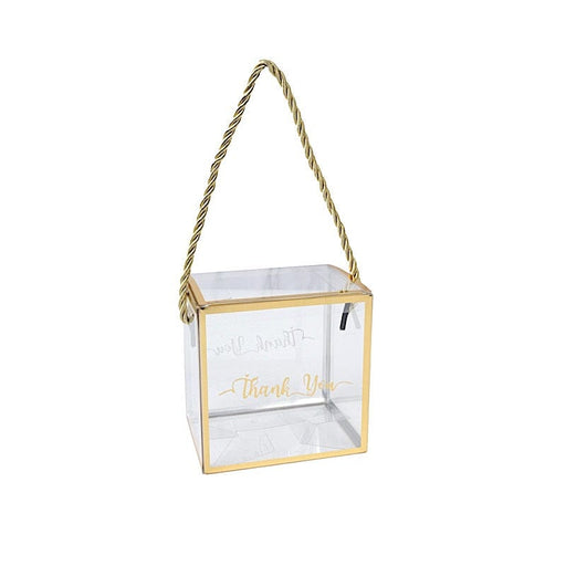25 Trimmed 4" x 4" PVC Favor Boxes with Rope Handles and Thank You Print - Gold and Clear BAG_PVC06_4X4_CLGD