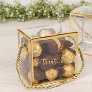 25 Trimmed 4" x 4" PVC Favor Boxes with Rope Handles and Thank You Print - Gold and Clear BAG_PVC06_4X4_CLGD