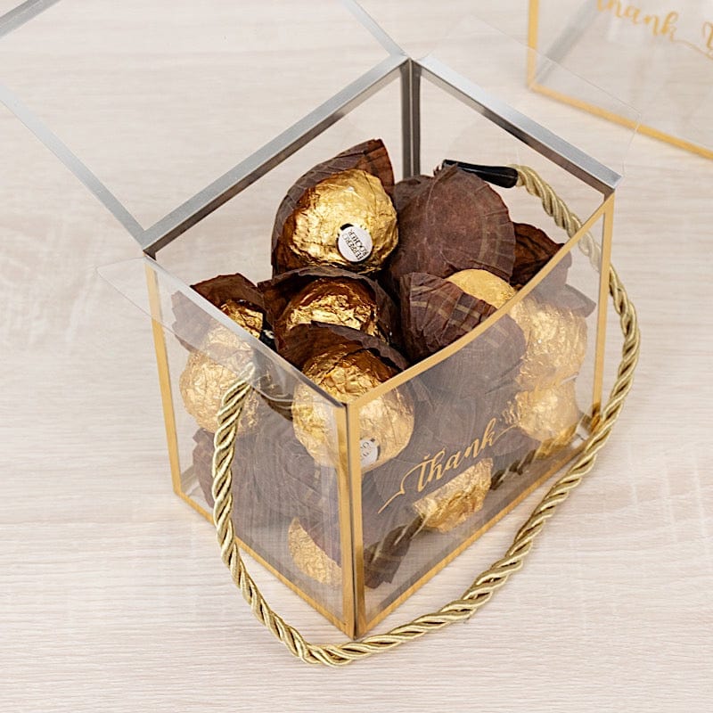 25 Trimmed 4" x 4" PVC Favor Boxes with Rope Handles and Thank You Print - Gold and Clear BAG_PVC06_4X4_CLGD