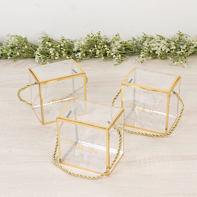 25 Trimmed 4" x 4" PVC Favor Boxes with Rope Handles and Thank You Print - Gold and Clear BAG_PVC06_4X4_CLGD