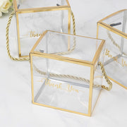 25 Trimmed 4" x 4" PVC Favor Boxes with Rope Handles and Thank You Print - Gold and Clear BAG_PVC06_4X4_CLGD