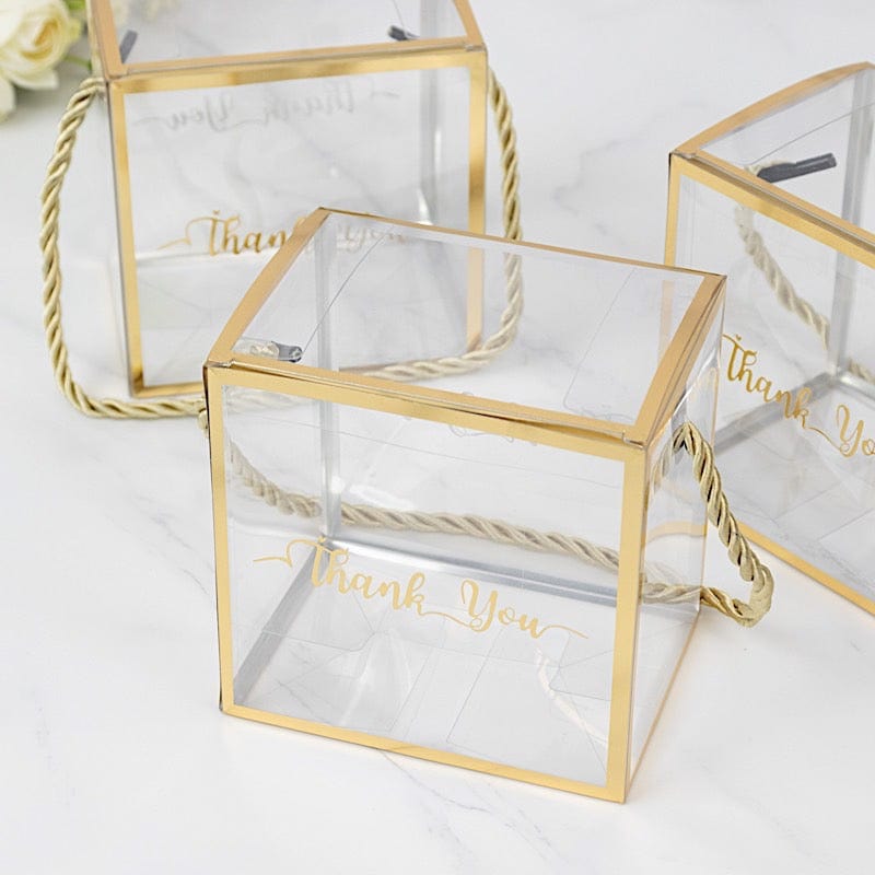 25 Trimmed 4" x 4" PVC Favor Boxes with Rope Handles and Thank You Print - Gold and Clear BAG_PVC06_4X4_CLGD