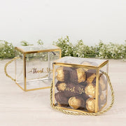 25 Trimmed 4" x 4" PVC Favor Boxes with Rope Handles and Thank You Print - Gold and Clear BAG_PVC06_4X4_CLGD