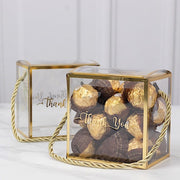 25 Trimmed 4" x 4" PVC Favor Boxes with Rope Handles and Thank You Print - Gold and Clear BAG_PVC06_4X4_CLGD