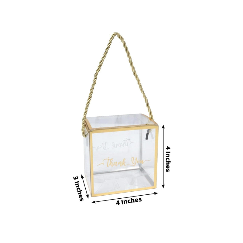 25 Trimmed 4" x 4" PVC Favor Boxes with Rope Handles and Thank You Print - Gold and Clear BAG_PVC06_4X4_CLGD