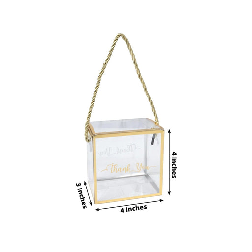 25 Trimmed 4" x 4" PVC Favor Boxes with Rope Handles and Thank You Print - Gold and Clear BAG_PVC06_4X4_CLGD
