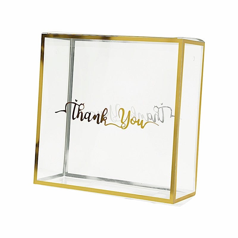 25 Trimmed 8" x 8" PVC Favor Boxes with Rope Handles and Thank You Print - Gold and Clear BAG_PVC06_8X8_CLGD