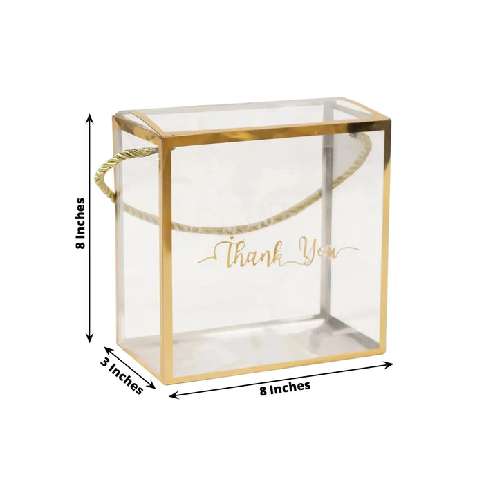 25 Trimmed 8" x 8" PVC Favor Boxes with Rope Handles and Thank You Print - Gold and Clear BAG_PVC06_8X8_CLGD