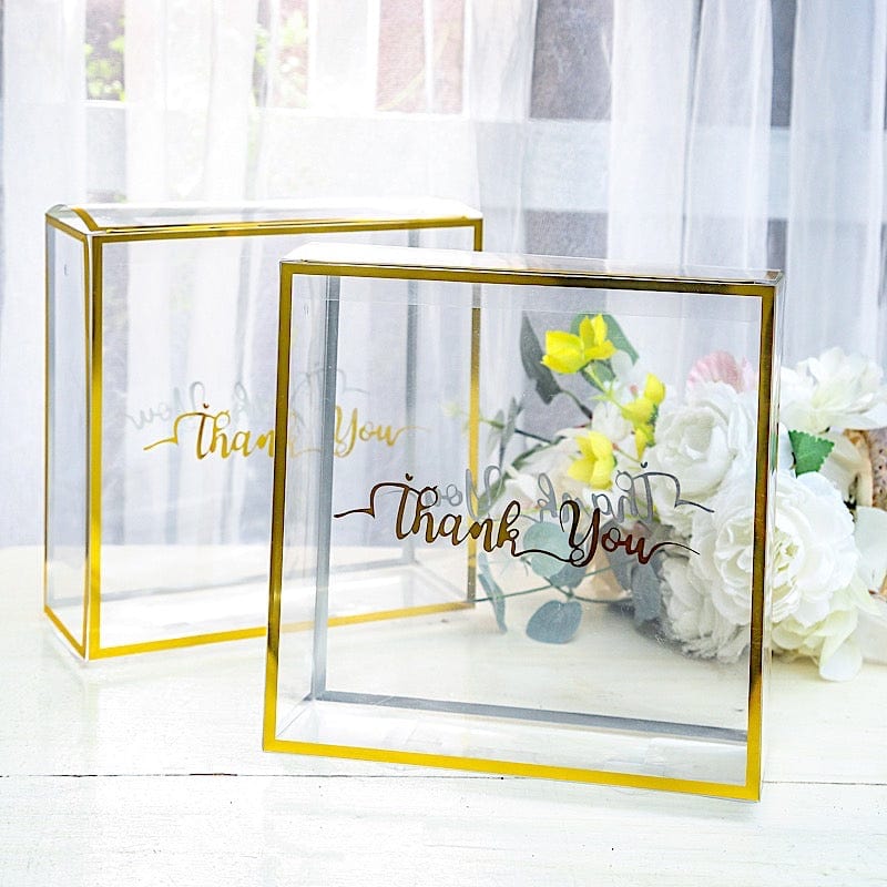 25 Trimmed 8" x 8" PVC Favor Boxes with Rope Handles and Thank You Print - Gold and Clear BAG_PVC06_8X8_CLGD