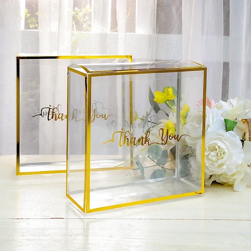 25 Trimmed 8" x 8" PVC Favor Boxes with Rope Handles and Thank You Print - Gold and Clear BAG_PVC06_8X8_CLGD