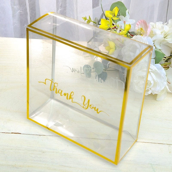 25 Trimmed 8" x 8" PVC Favor Boxes with Rope Handles and Thank You Print - Gold and Clear BAG_PVC06_8X8_CLGD