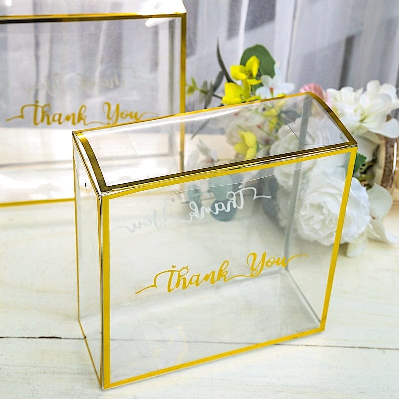 25 Trimmed 8" x 8" PVC Favor Boxes with Rope Handles and Thank You Print - Gold and Clear BAG_PVC06_8X8_CLGD