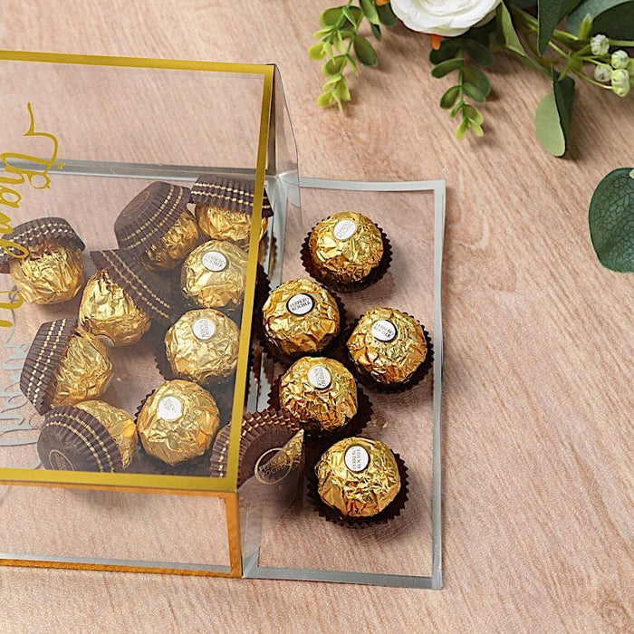 25 Trimmed 8" x 8" PVC Favor Boxes with Rope Handles and Thank You Print - Gold and Clear BAG_PVC06_8X8_CLGD