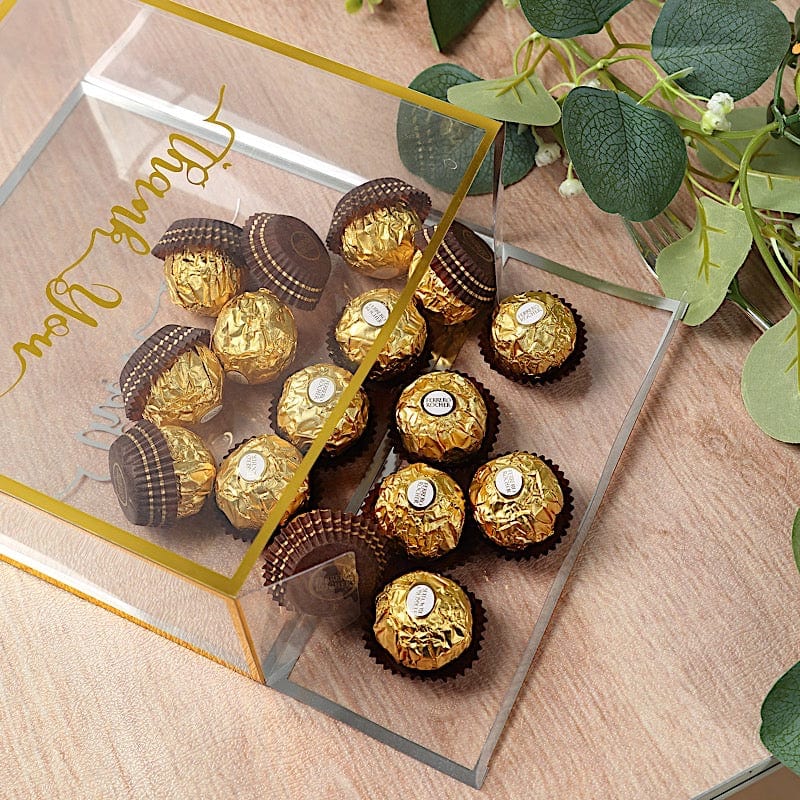 25 Trimmed 8" x 8" PVC Favor Boxes with Rope Handles and Thank You Print - Gold and Clear BAG_PVC06_8X8_CLGD