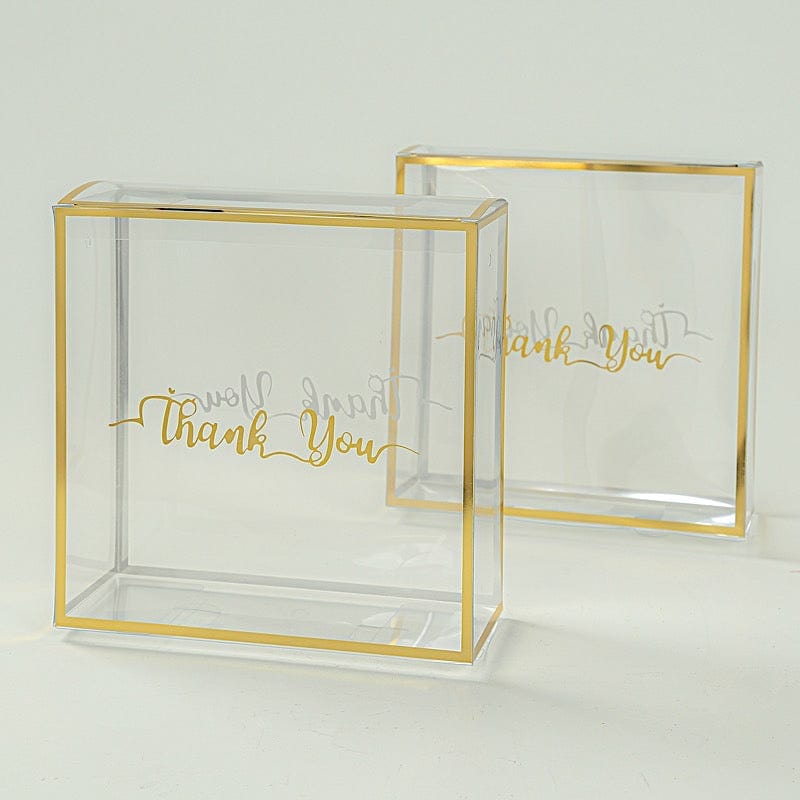 25 Trimmed 8" x 8" PVC Favor Boxes with Rope Handles and Thank You Print - Gold and Clear BAG_PVC06_8X8_CLGD