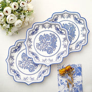 25 White 8" Paper Dessert Plates with Blue Floral Print and Scalloped Rim - Disposable Tableware DSP_PPR0016_8_BLUE