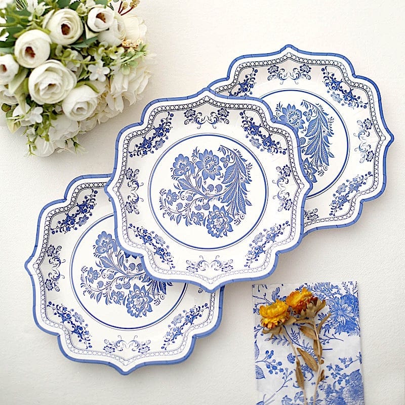 25 White 8" Paper Dessert Plates with Blue Floral Print and Scalloped Rim - Disposable Tableware DSP_PPR0016_8_BLUE