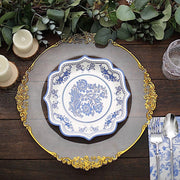 25 White 8" Paper Dessert Plates with Blue Floral Print and Scalloped Rim - Disposable Tableware DSP_PPR0016_8_BLUE