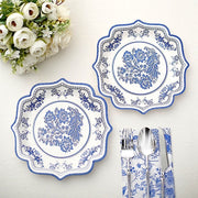 25 White 8" Paper Dessert Plates with Blue Floral Print and Scalloped Rim - Disposable Tableware DSP_PPR0016_8_BLUE
