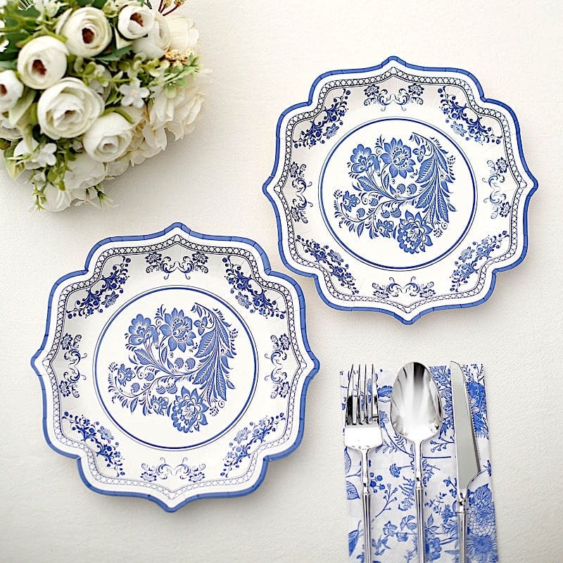 25 White 8" Paper Dessert Plates with Blue Floral Print and Scalloped Rim - Disposable Tableware DSP_PPR0016_8_BLUE