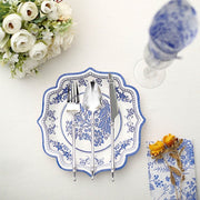 25 White 8" Paper Dessert Plates with Blue Floral Print and Scalloped Rim - Disposable Tableware DSP_PPR0016_8_BLUE