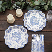 25 White 8" Paper Dessert Plates with Blue Floral Print and Scalloped Rim - Disposable Tableware DSP_PPR0016_8_BLUE