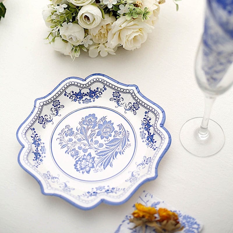 25 White 8" Paper Dessert Plates with Blue Floral Print and Scalloped Rim - Disposable Tableware DSP_PPR0016_8_BLUE